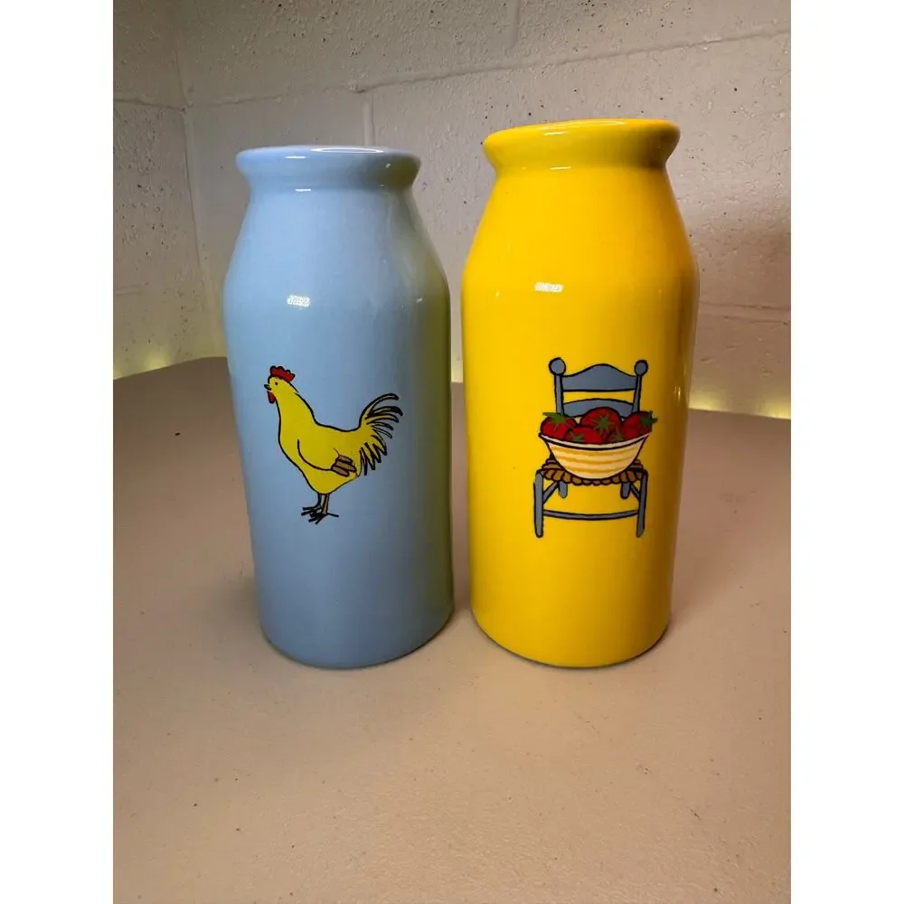 set of 2 ceramic farmhouse bottle vases rooster tomato country kitchen decor